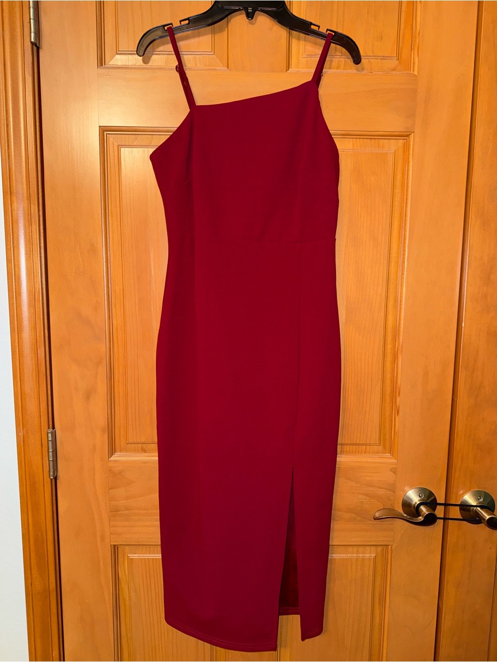 Lulu’s Burgundy Asymmetrical Spaghetti-Strap Midi Dress